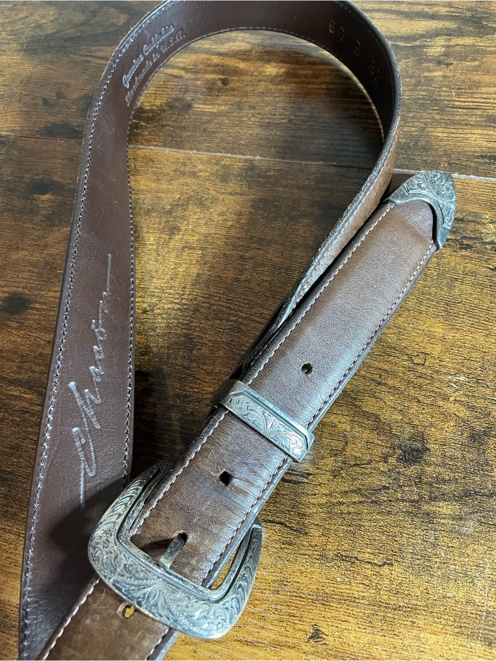 Brown Leather Men's Belt with Ornate Silver Buckle sterling size 32
